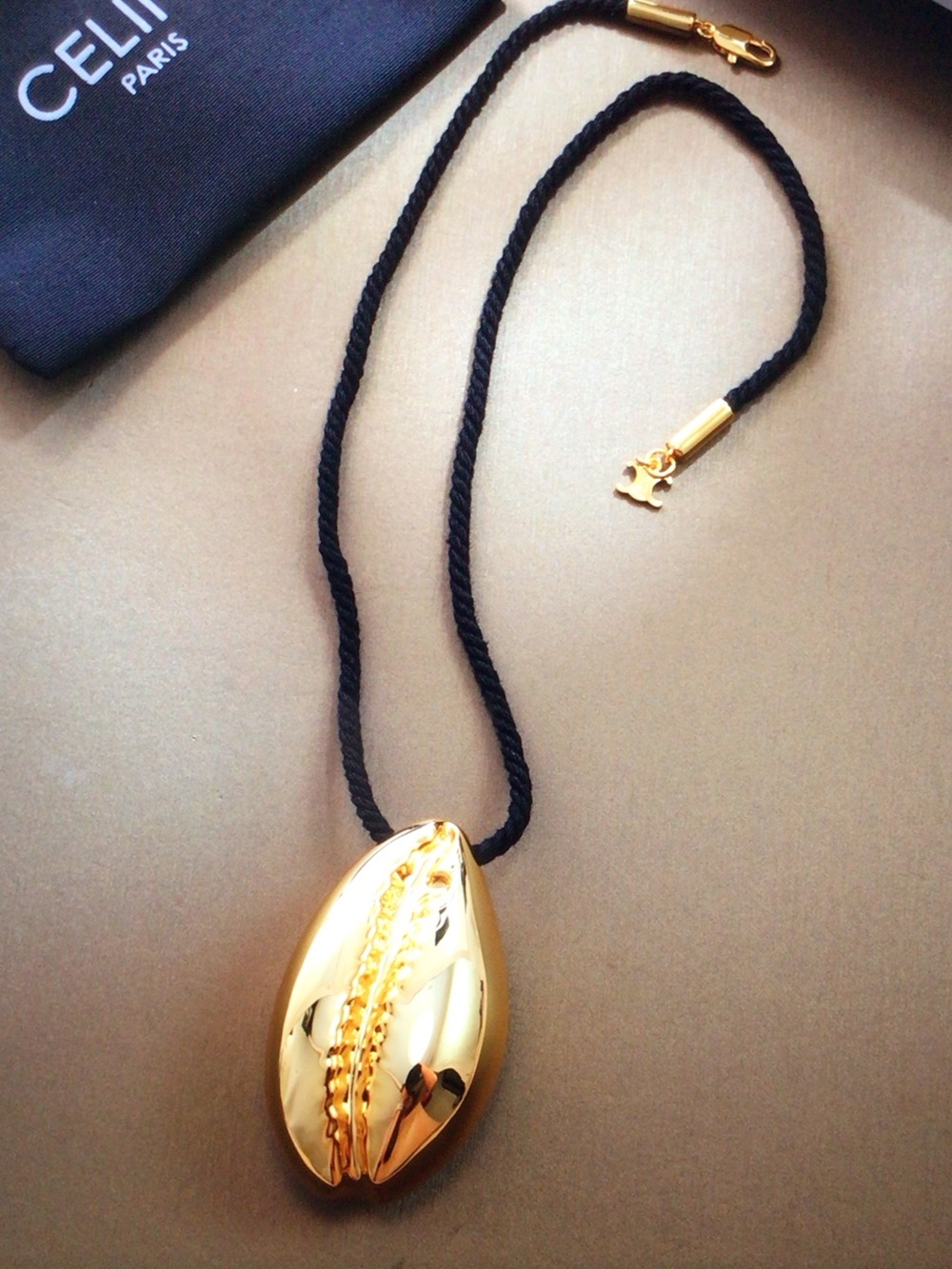 Celine Gold Teardrop Pendant Necklace with Black Cord - Picture 2 of 6